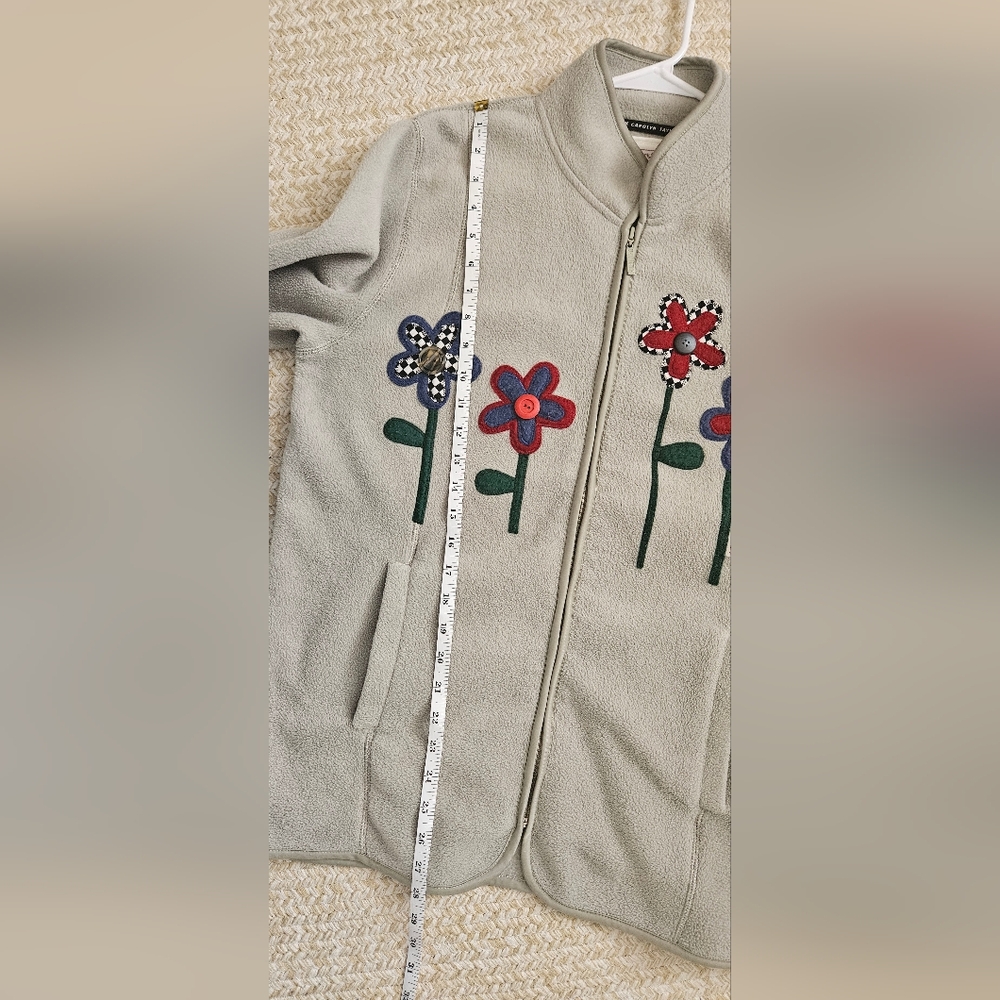 Vintage Carolyn Taylor Sage Green Fleece Jacket with Floral Appliqué - Picture 7 of 8